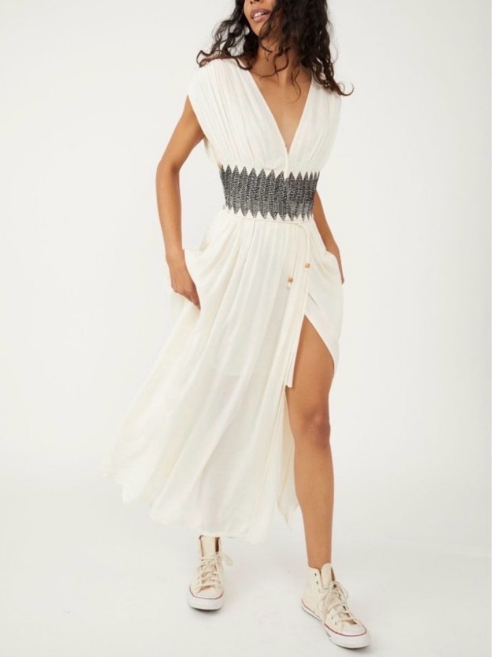 Free People Ivory Maxi Dress with Black Smocked Waist
